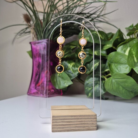 Dalmatian Jasper, Rose Quartz and Black Obsidian Earring Dangles - Picture 4 of 7